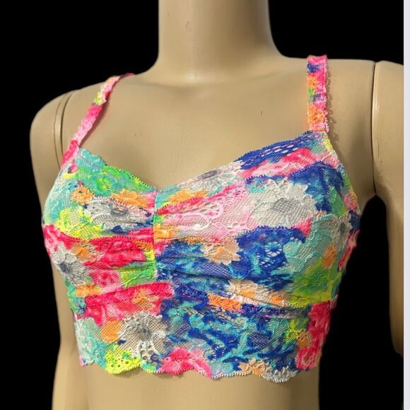Victoria’s Secret Pink lace Unlined Ruched Front bralette bra multicolor Medium - Picture 1 of 5